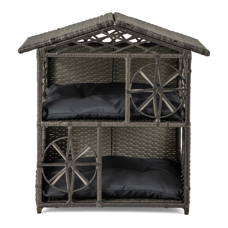 Casa para gatos de mimbre de 2 pisos, condominio para gatitos de ratán con cojines extraíbles - Gris