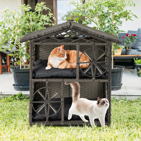 Casa para gatos de mimbre de 2 pisos, condominio para gatitos de ratán con cojines extraíbles - Gris