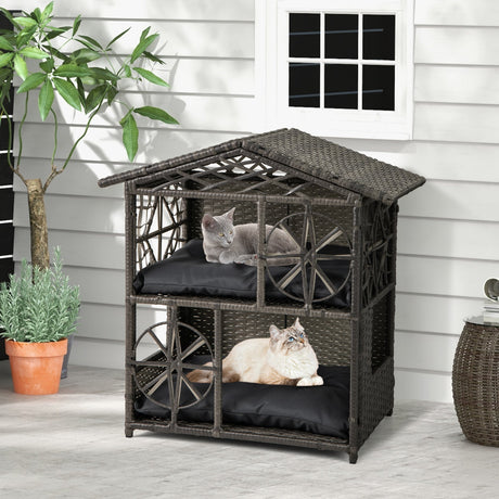 Casa para gatos de mimbre de 2 pisos, condominio para gatitos de ratán con cojines extraíbles - Gris