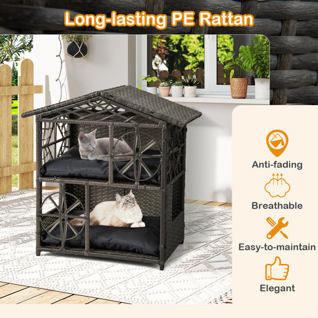 Casa para gatos de mimbre de 2 pisos, condominio para gatitos de ratán con cojines extraíbles - Gris