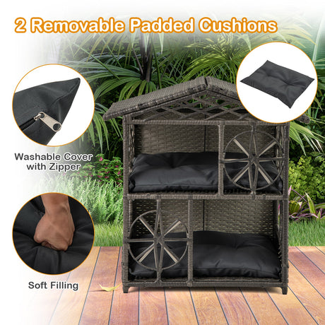 Casa para gatos de mimbre de 2 pisos, condominio para gatitos de ratán con cojines extraíbles - Gris