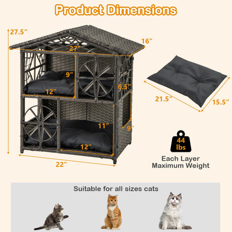 Casa para gatos de mimbre de 2 pisos, condominio para gatitos de ratán con cojines extraíbles - Gris
