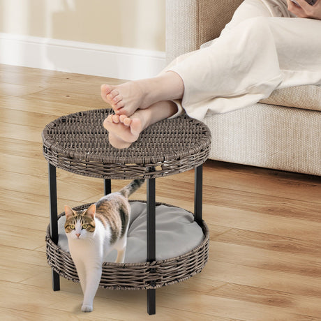 Nido para gatos de ratán de 2 niveles con cojín acolchado extraíble - Gris