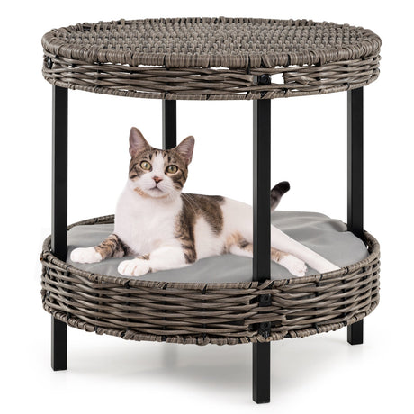 Nido para gatos de ratán de 2 niveles con cojín acolchado extraíble - Gris