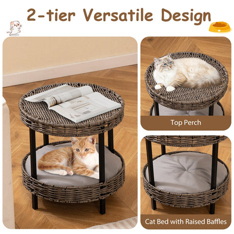 Nido para gatos de ratán de 2 niveles con cojín acolchado extraíble - Gris