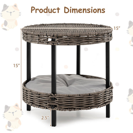 Nido para gatos de ratán de 2 niveles con cojín acolchado extraíble - Gris