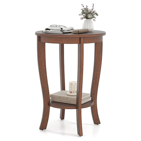 Mesa auxiliar redonda de 2 niveles con patas de madera maciza