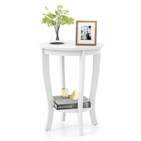 Mesa auxiliar redonda de 2 niveles con patas de madera maciza