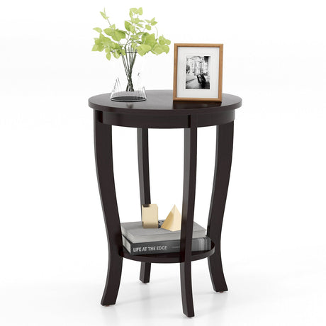 Mesa auxiliar redonda de 2 niveles con patas de madera maciza
