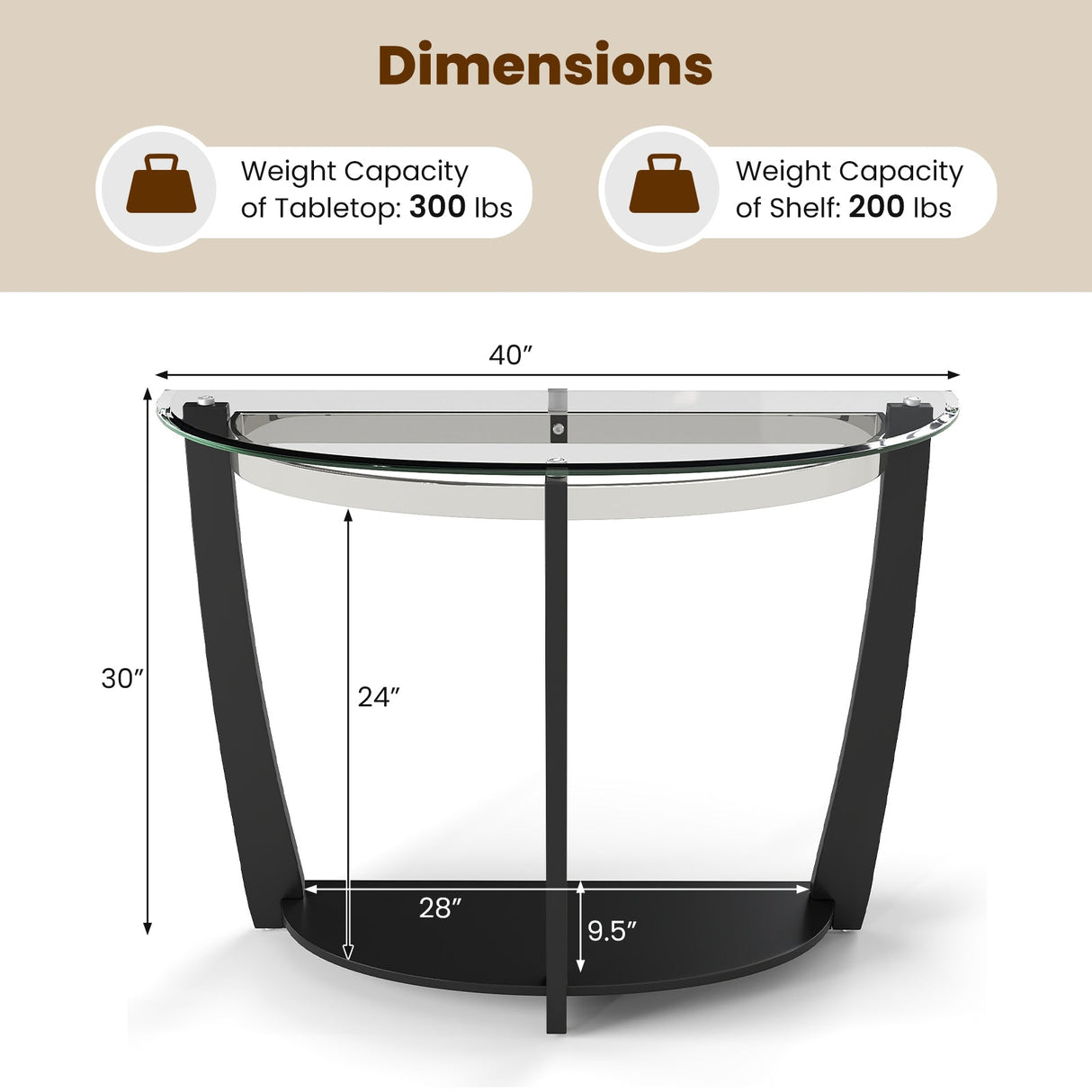 Mesa de consola de 2 niveles de vidrio templado con tapa de vidrio transparente y estante abierto
