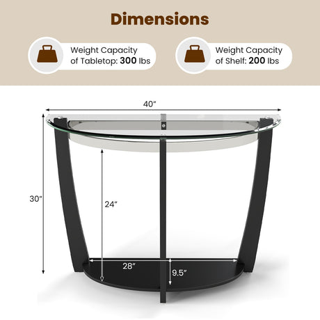 Mesa de consola de 2 niveles de vidrio templado con tapa de vidrio transparente y estante abierto