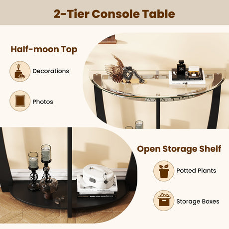 Mesa de consola de 2 niveles de vidrio templado con tapa de vidrio transparente y estante abierto