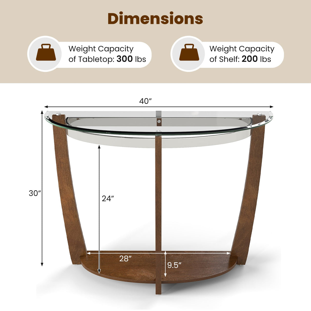 Mesa de consola de 2 niveles de vidrio templado con tapa de vidrio transparente y estante abierto