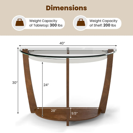 Mesa de consola de 2 niveles de vidrio templado con tapa de vidrio transparente y estante abierto