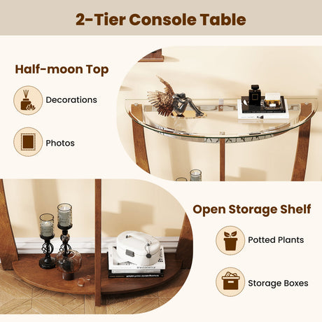 Mesa de consola de 2 niveles de vidrio templado con tapa de vidrio transparente y estante abierto