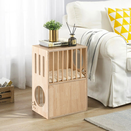 Condominio para Gatos de Madera de 2 Niveles para Interiores, Casa Simétrica para Gatos con Cojines Extraíbles