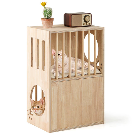 Condominio para Gatos de Madera de 2 Niveles para Interiores, Casa Simétrica para Gatos con Cojines Extraíbles