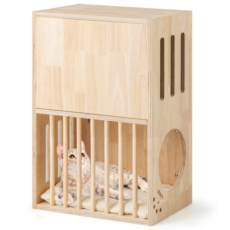 Condominio para Gatos de Madera de 2 Niveles para Interiores, Casa Simétrica para Gatos con Cojines Extraíbles