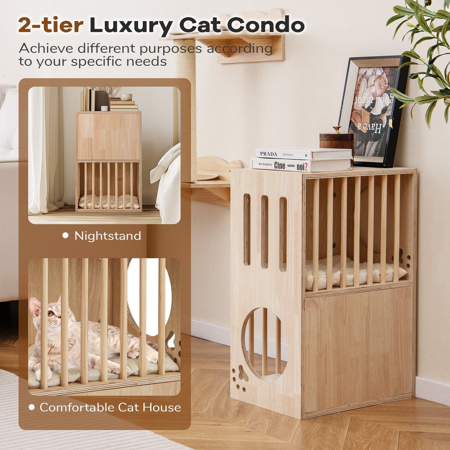 Condominio para Gatos de Madera de 2 Niveles para Interiores, Casa Simétrica para Gatos con Cojines Extraíbles