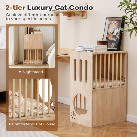 Condominio para Gatos de Madera de 2 Niveles para Interiores, Casa Simétrica para Gatos con Cojines Extraíbles