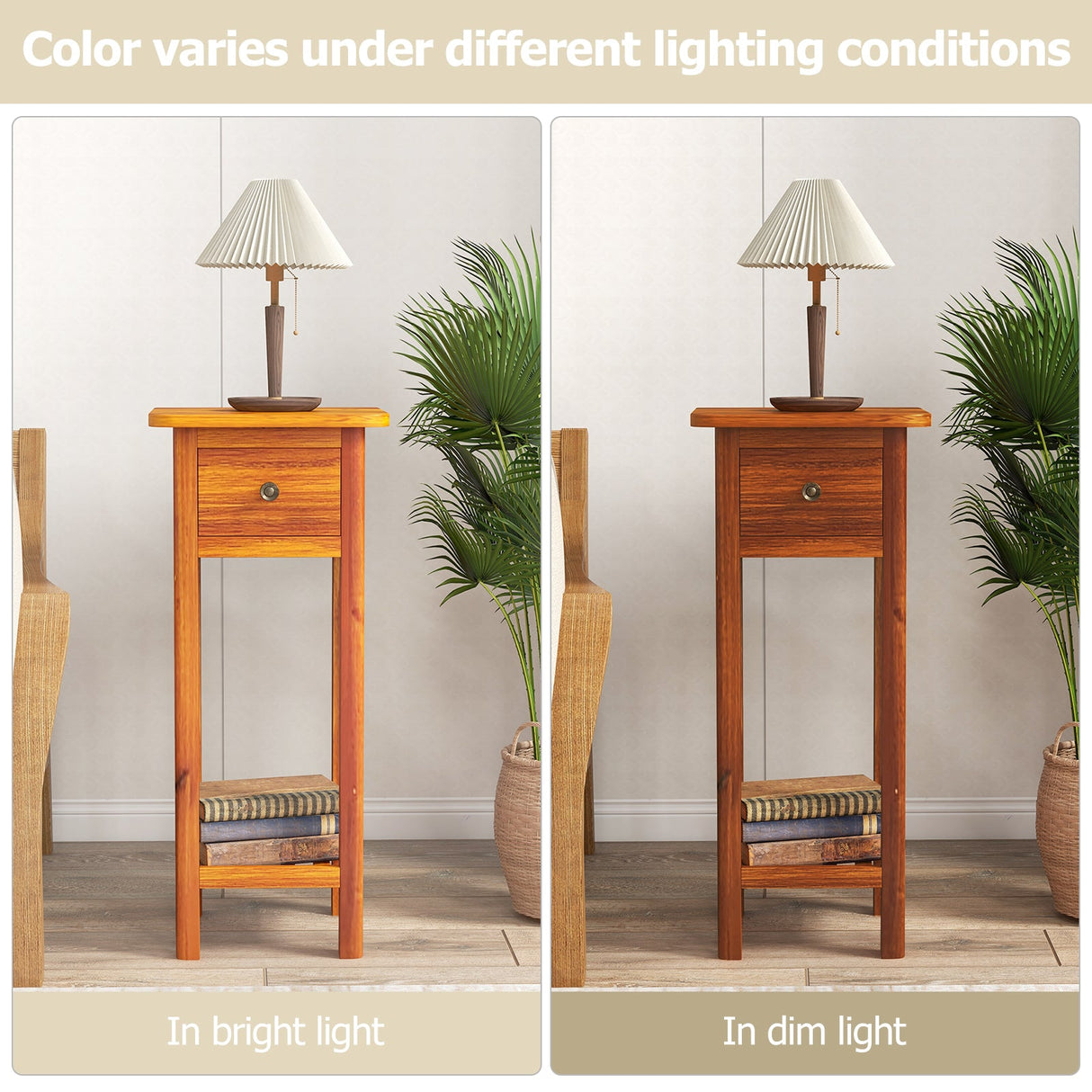 2 Tier Slim Nightstand Bedside Table with Drawer Shelf