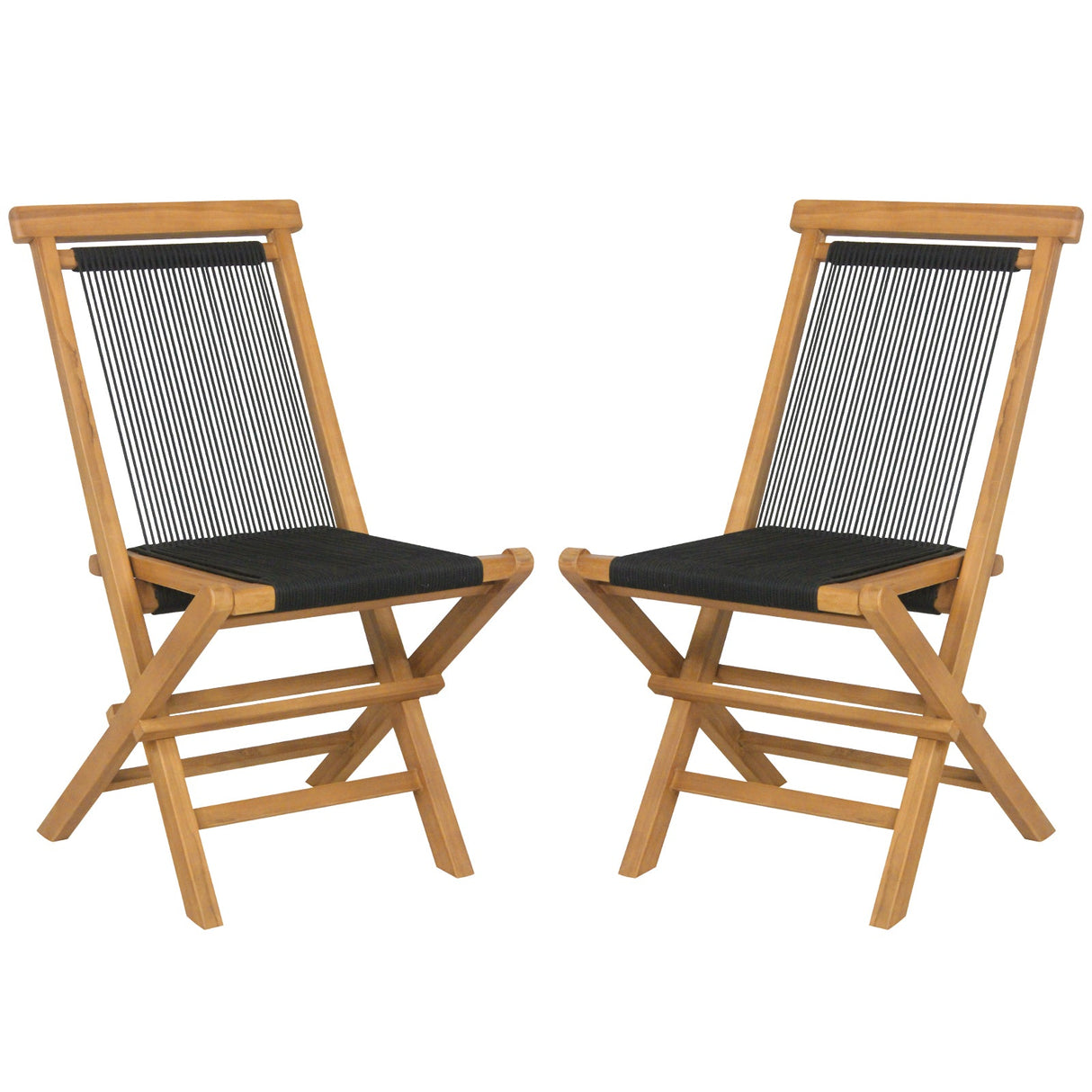 Juego de 2 sillas plegables de teca indonesia para patio, con asiento y respaldo de cuerda trenzada para porche, jardín o piscina.
