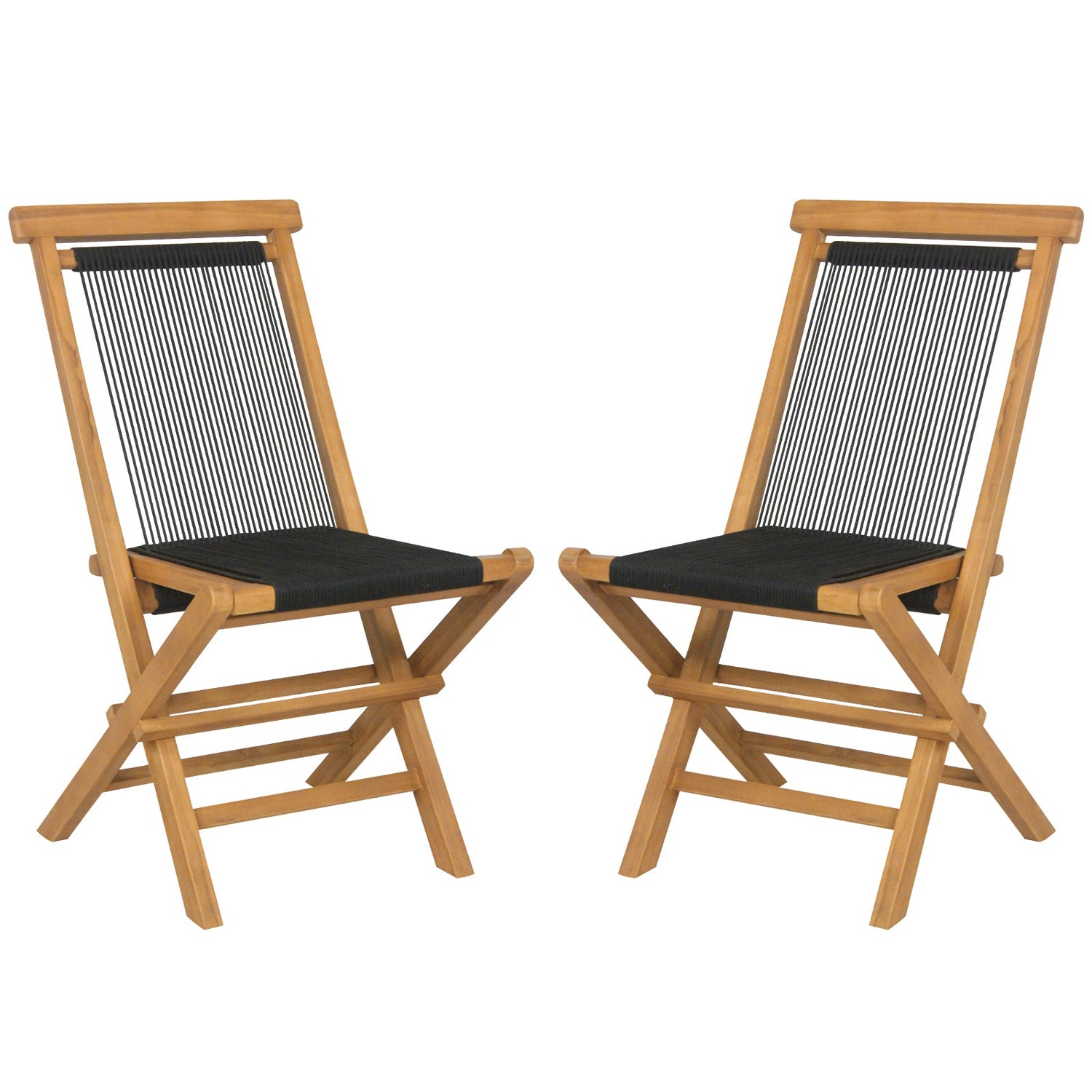 Juego de 2 sillas plegables de teca indonesia para patio, con asiento y respaldo de cuerda trenzada para porche, jardín o piscina.