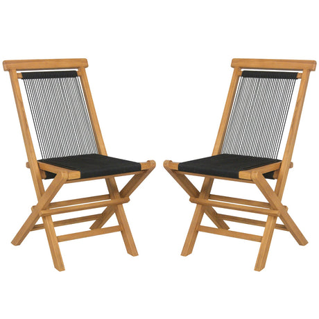 Juego de 2 sillas plegables de teca indonesia para patio, con asiento y respaldo de cuerda trenzada para porche, jardín o piscina.