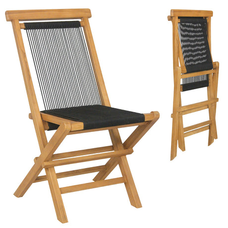 Juego de 2 sillas plegables de teca indonesia para patio, con asiento y respaldo de cuerda trenzada para porche, jardín o piscina.