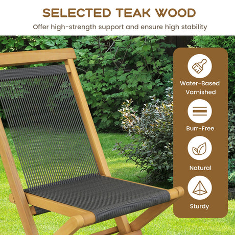 Juego de 2 sillas plegables de teca indonesia para patio, con asiento y respaldo de cuerda trenzada para porche, jardín o piscina.