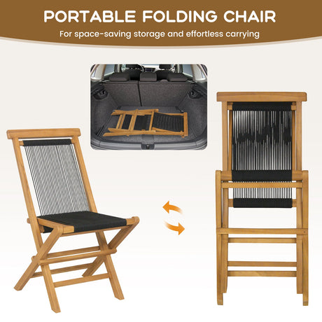 Juego de 2 sillas plegables de teca indonesia para patio, con asiento y respaldo de cuerda trenzada para porche, jardín o piscina.