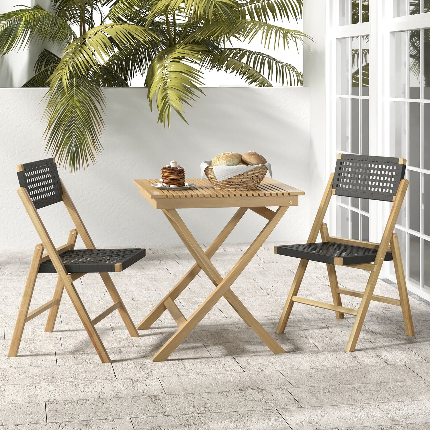 Juego de 2 sillas plegables de teca indonesia con asiento y respaldo de cuerda trenzada