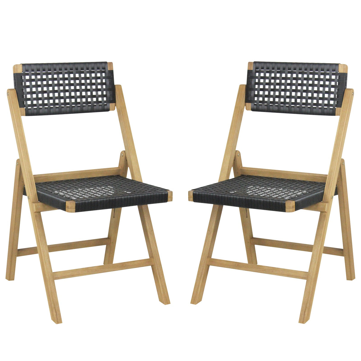 Juego de 2 sillas plegables de teca indonesia con asiento y respaldo de cuerda trenzada