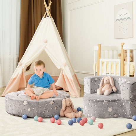 Sillón infantil 2 en 1 que brilla en la oscuridad con funda sofá convertible-Gris