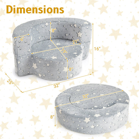 Sillón infantil 2 en 1 que brilla en la oscuridad con funda sofá convertible-Gris
