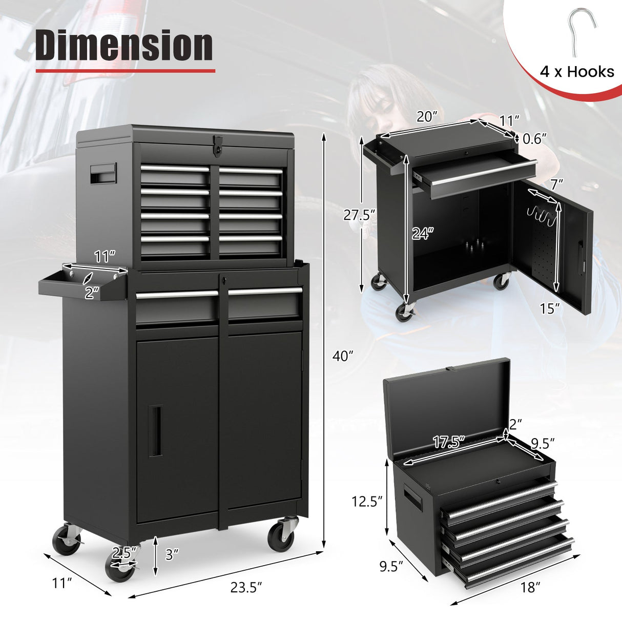 Caja y armario de herramientas 2 en 1 con 5 cajones deslizantes - Negro