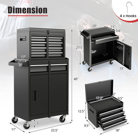 Caja y armario de herramientas 2 en 1 con 5 cajones deslizantes - Negro