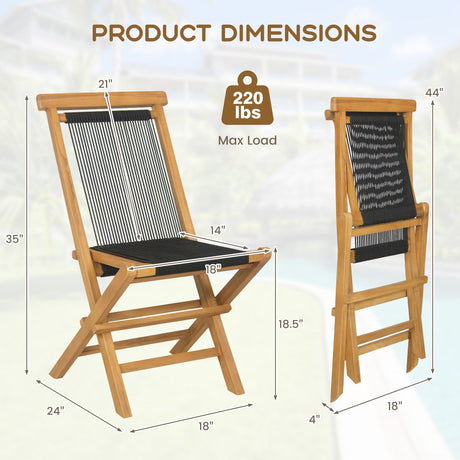 Juego de 2 sillas plegables de teca indonesia para patio, con asiento y respaldo de cuerda trenzada para porche, jardín o piscina.
