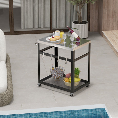 Mesa de barbacoa de acero inoxidable de 2 niveles con 4 ganchos y ruedas - Negra