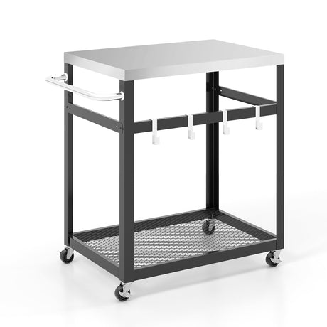 Mesa de barbacoa de acero inoxidable de 2 niveles con 4 ganchos y ruedas - Negra