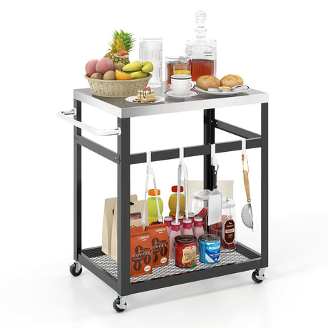Mesa de barbacoa de acero inoxidable de 2 niveles con 4 ganchos y ruedas - Negra
