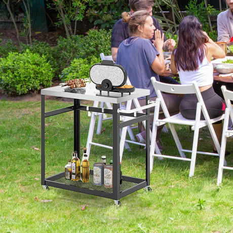 Mesa de barbacoa de acero inoxidable de 2 niveles con 4 ganchos y ruedas - Negra
