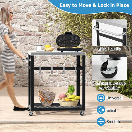 Mesa de barbacoa de acero inoxidable de 2 niveles con 4 ganchos y ruedas - Negra