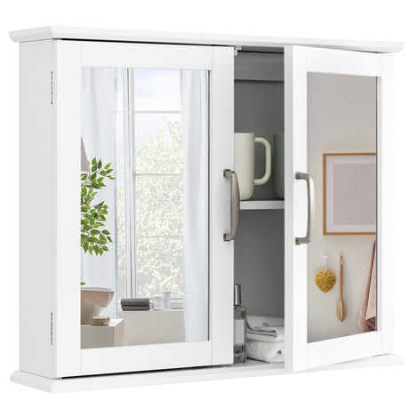 Gabinete de almacenamiento de espejo de baño de 2 niveles montado en la pared con manijas - Blanco