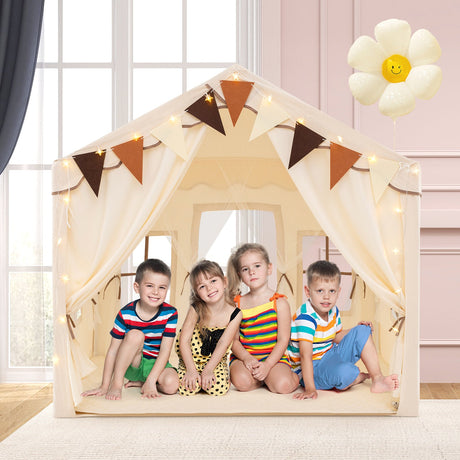 Casa de campaña grande para niños de 3 a 4 personas con 2 puertas y luces de estrellas - Beige