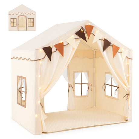 Casa de campaña grande para niños de 3 a 4 personas con 2 puertas y luces de estrellas - Beige