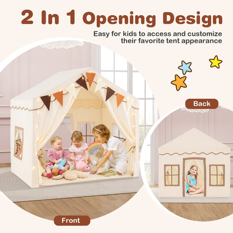 Casa de campaña grande para niños de 3 a 4 personas con 2 puertas y luces de estrellas - Beige