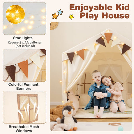 Casa de campaña grande para niños de 3 a 4 personas con 2 puertas y luces de estrellas - Beige