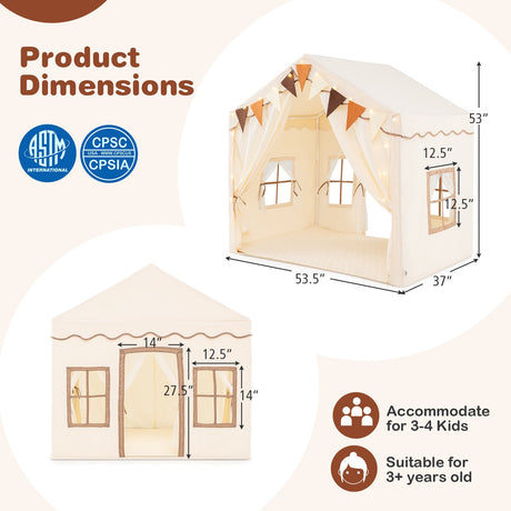 Casa de campaña grande para niños de 3 a 4 personas con 2 puertas y luces de estrellas - Beige