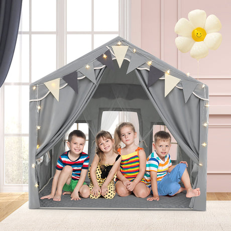 Tienda de juegos grande para 3-4 niños con 2 puertas abatibles y luces de estrella - Gris